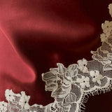 Close-up of white lace trim on a red fabric background