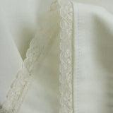 Close-up of a white fabric with lace trim on a light background